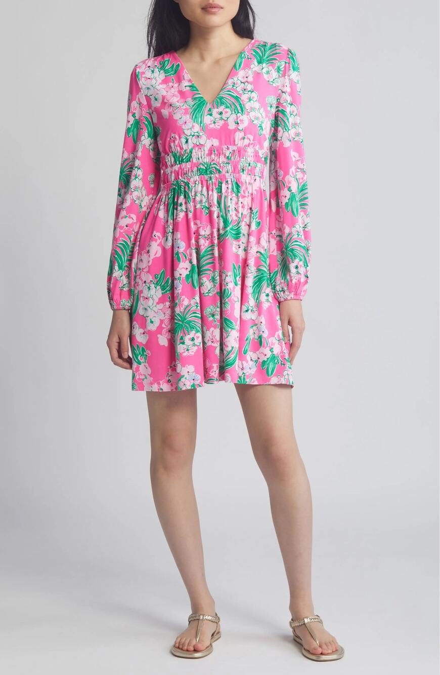 Lilly Pulitzer Green + Roxie Pink Worth a Look Long Sleeve V Neck Dress Large